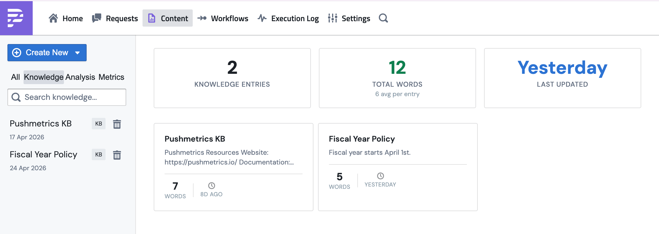 The Knowledge page in PushMetrics, listing knowledge entries the agent can search