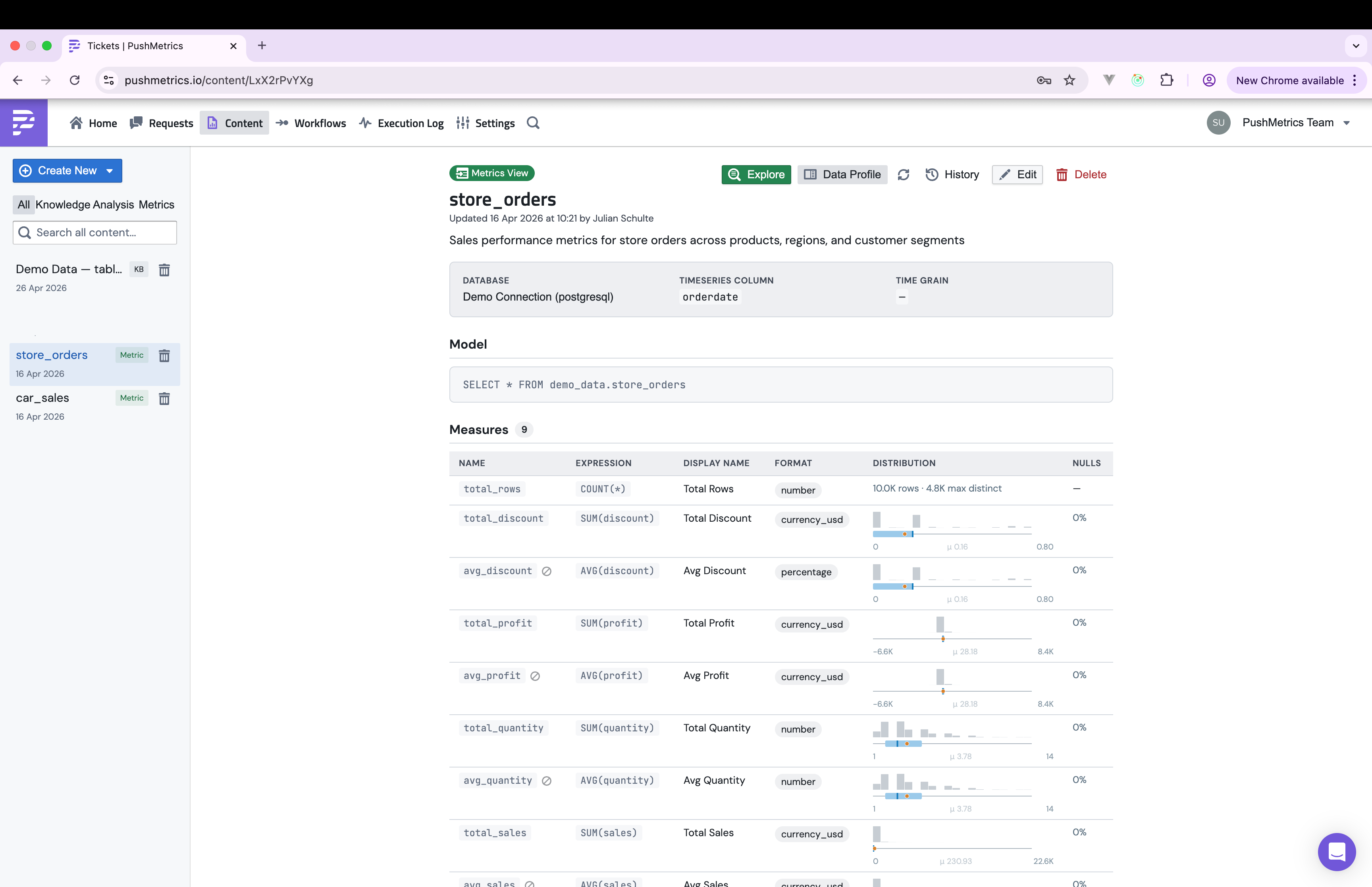 A metrics view in PushMetrics showing measures, dimensions, and inline distribution sparklines