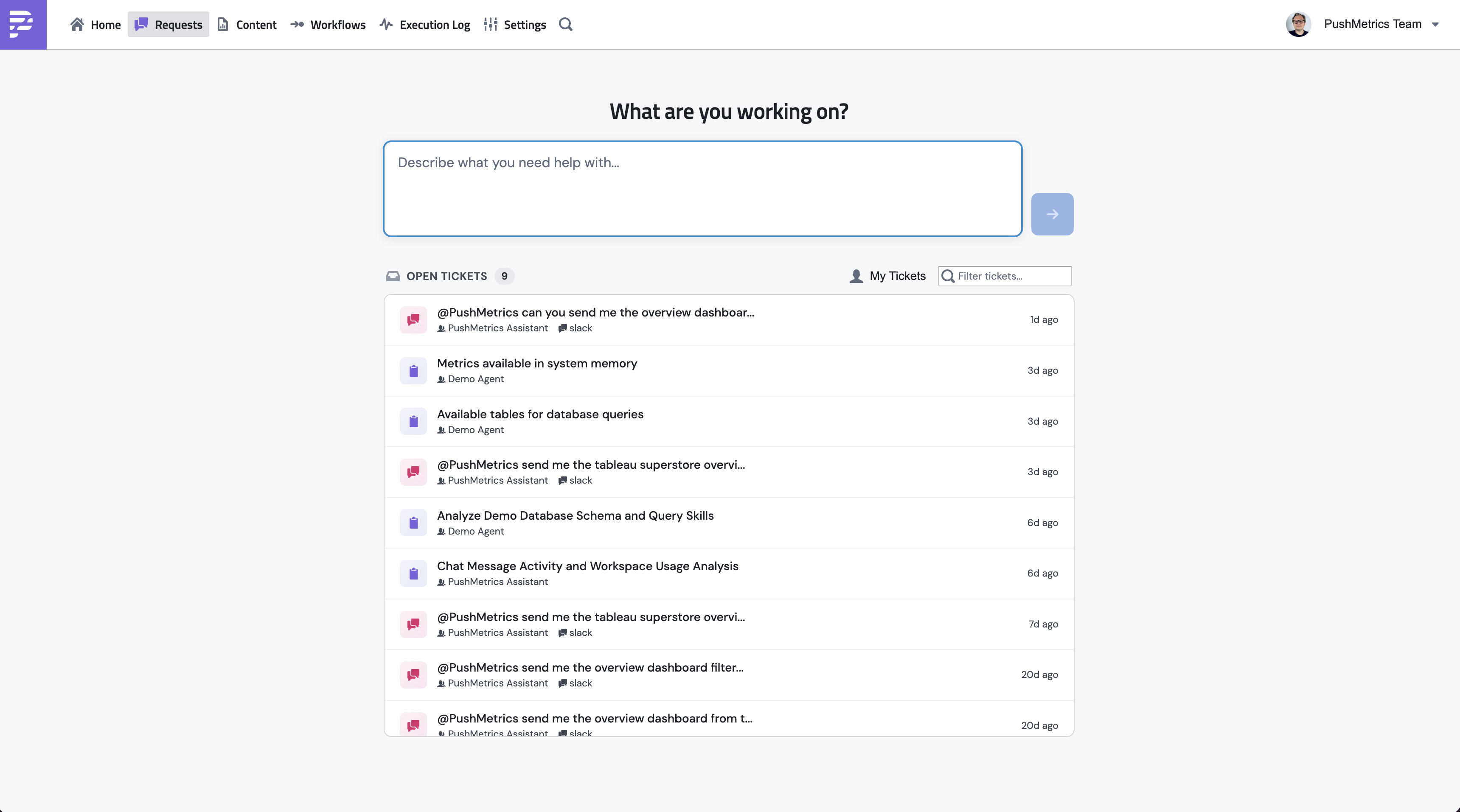 The Requests page in PushMetrics, with the conversation list on the left and an open conversation on the right