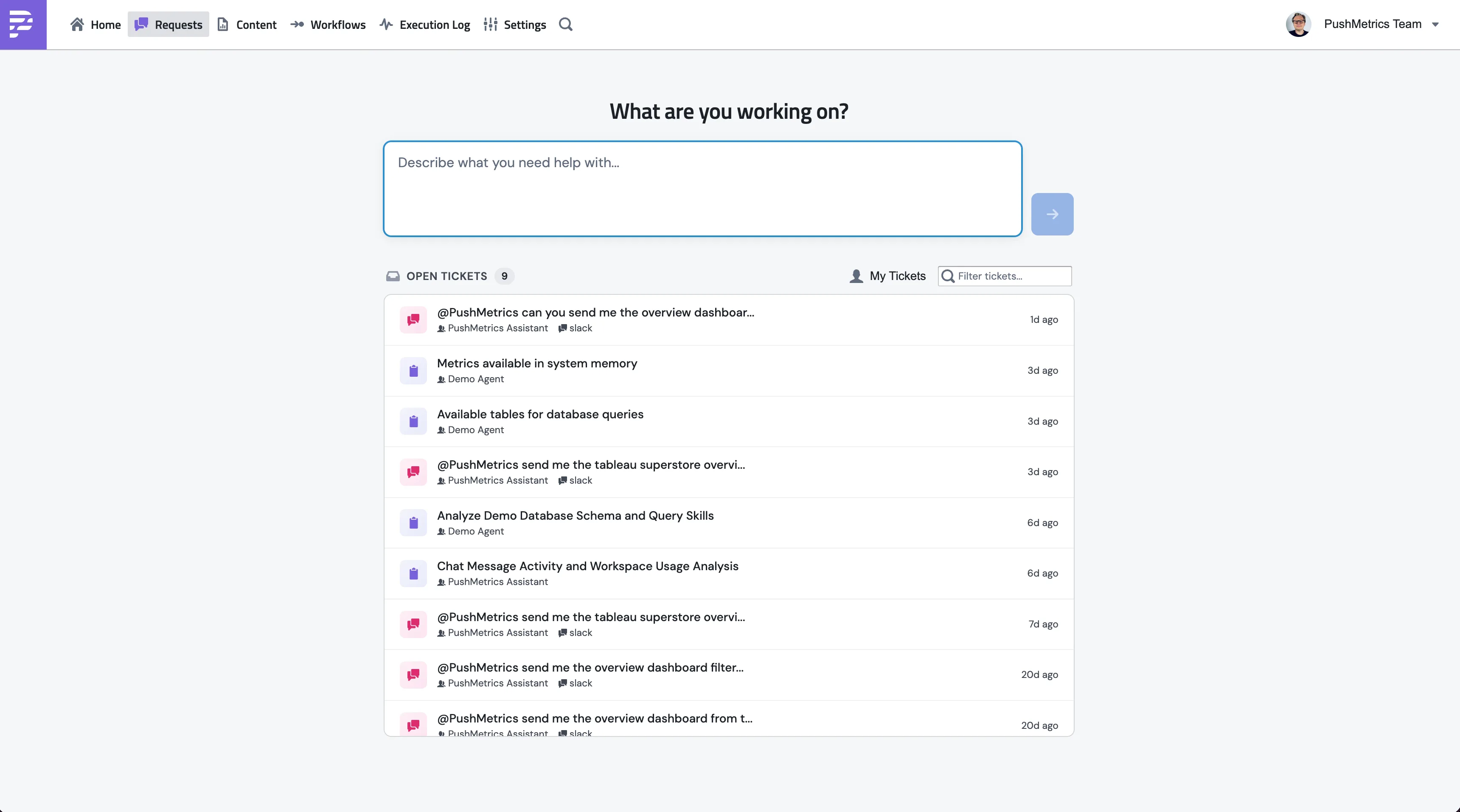 The Requests page in PushMetrics, with the conversation list on the left and an open conversation on the right