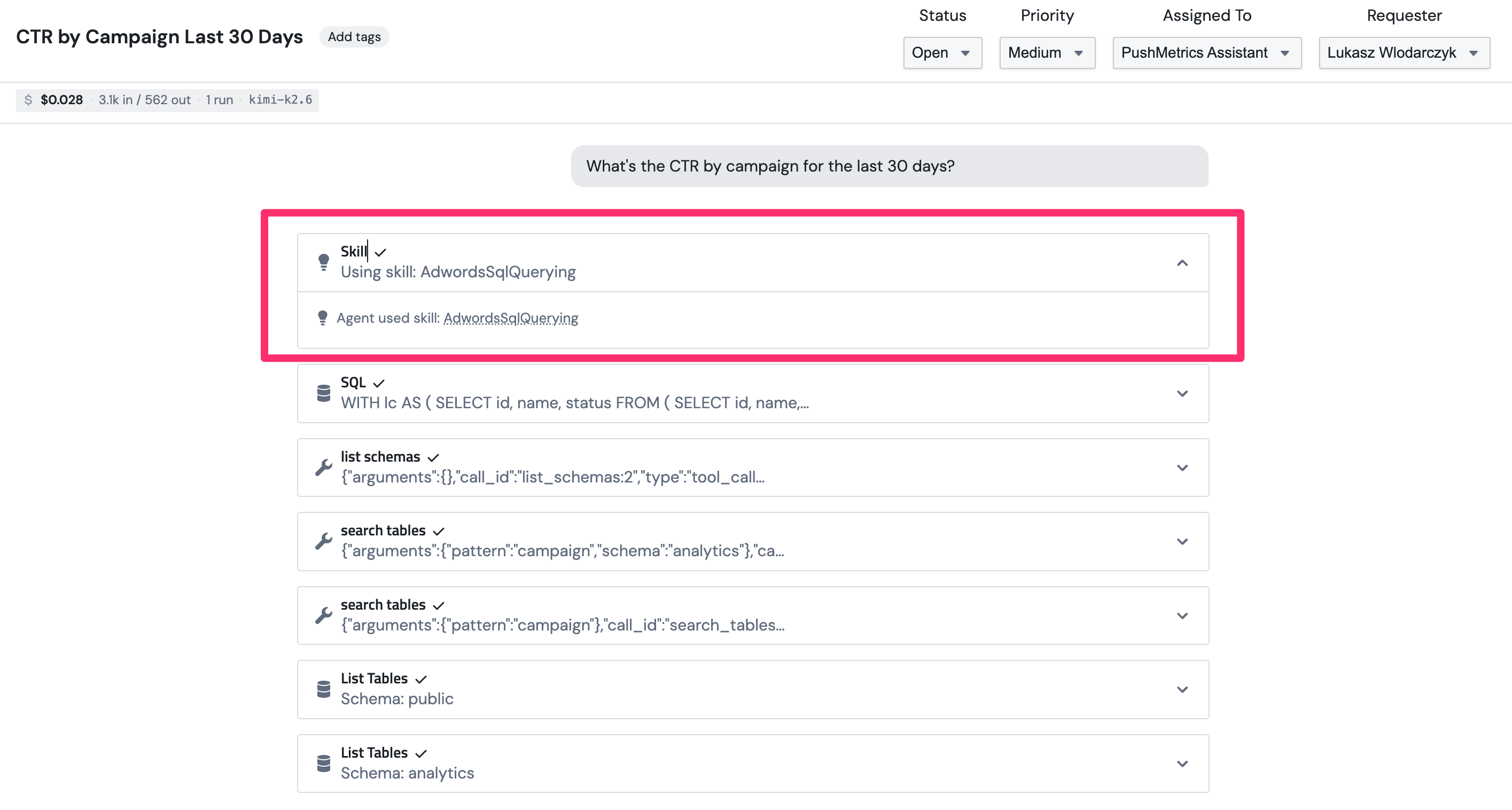 The chat surface showing a 'Using skill: AdwordsSchemaQueries' indicator with a lightbulb icon and a link to the skill's detail page
