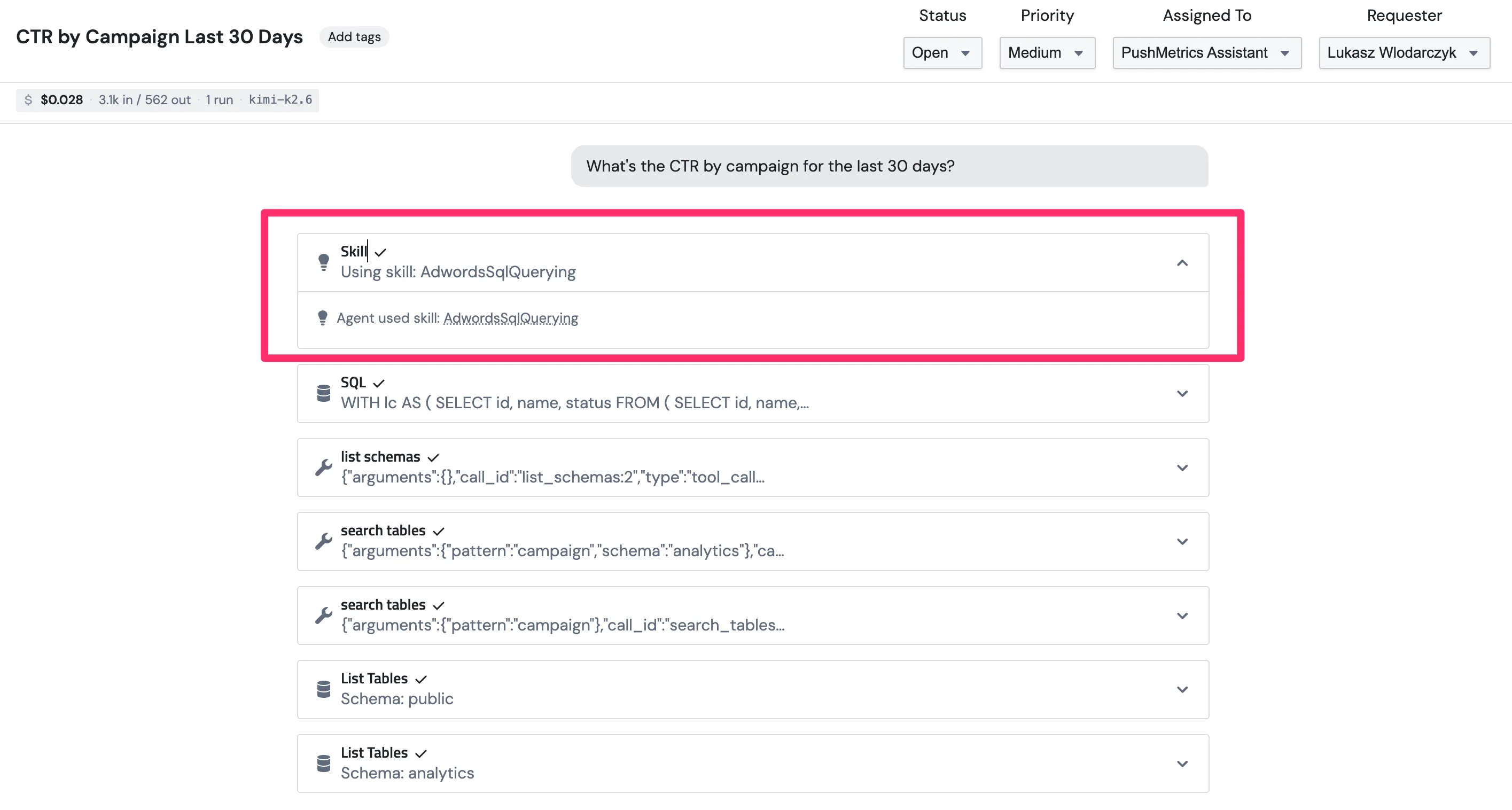 The chat surface showing a 'Using skill: AdwordsSchemaQueries' indicator with a lightbulb icon and a link to the skill's detail page