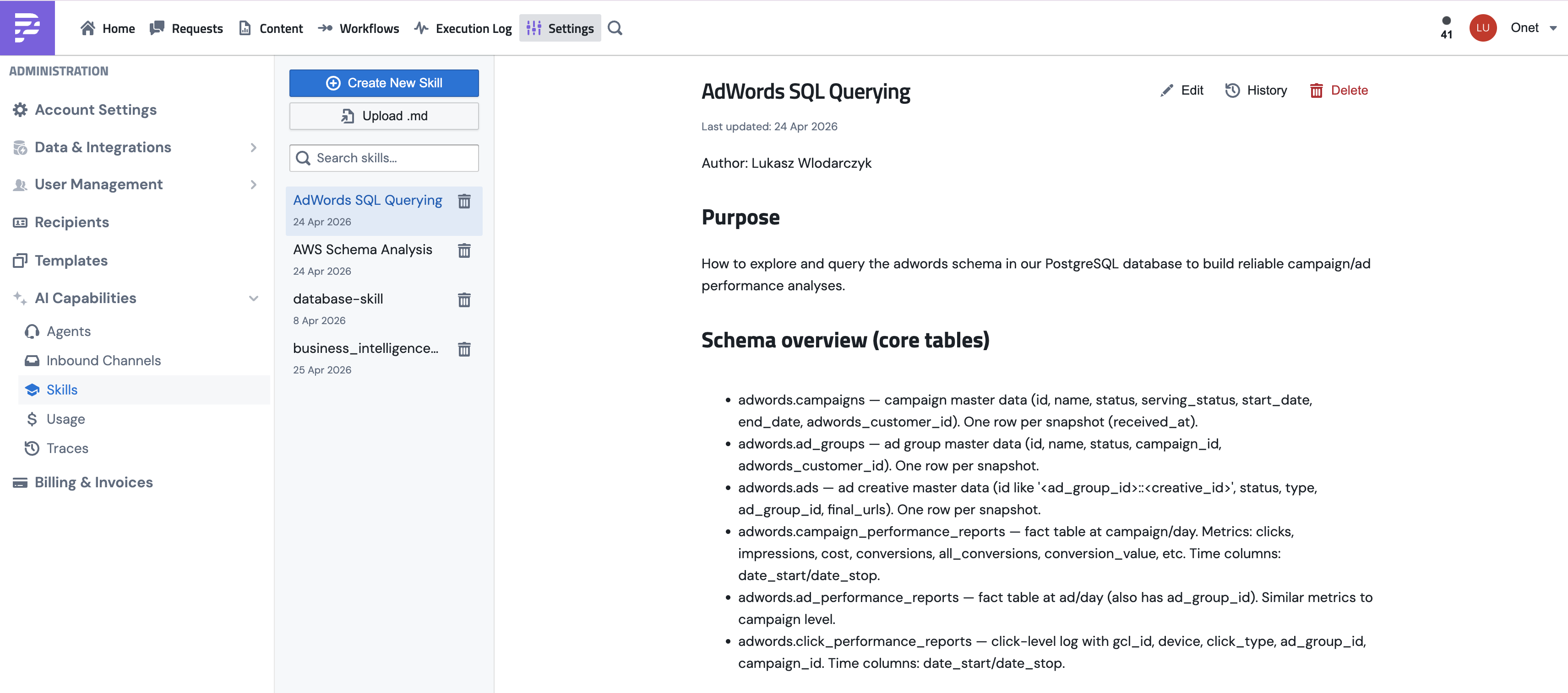 The Skills page in PushMetrics, with the list of skills on the left and the markdown editor for the selected skill on the right