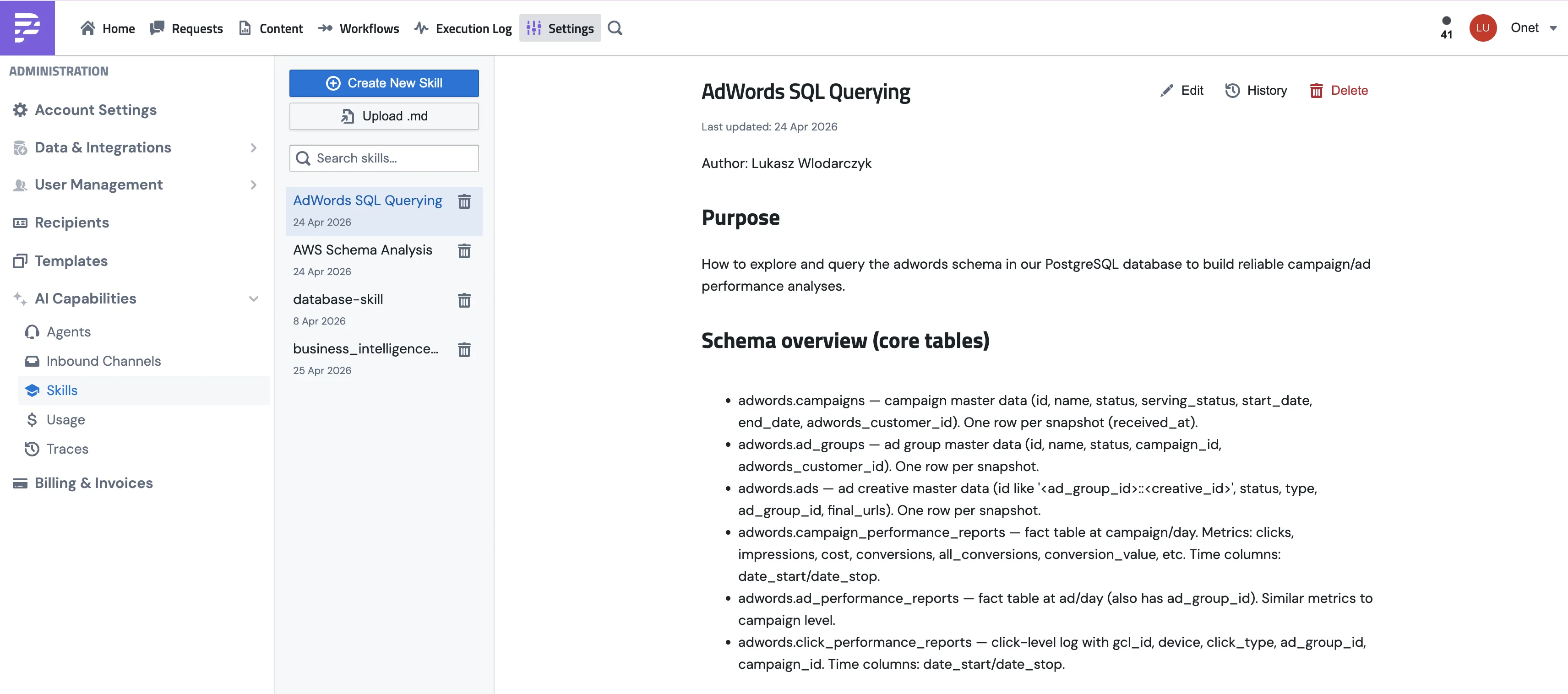 The Skills page in PushMetrics, with the list of skills on the left and the markdown editor for the selected skill on the right