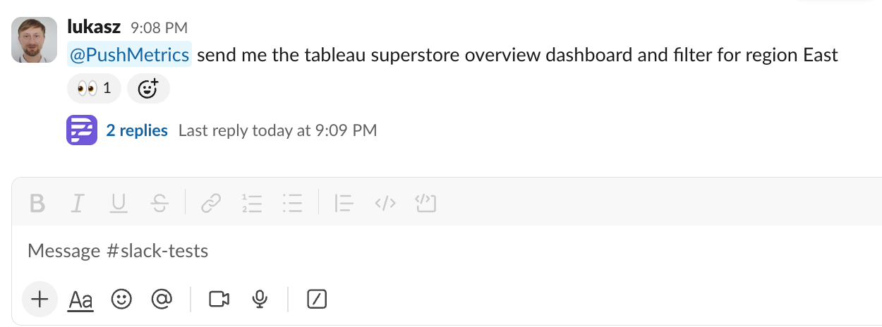 Someone @-mentioning the PushMetrics agent in a Slack channel