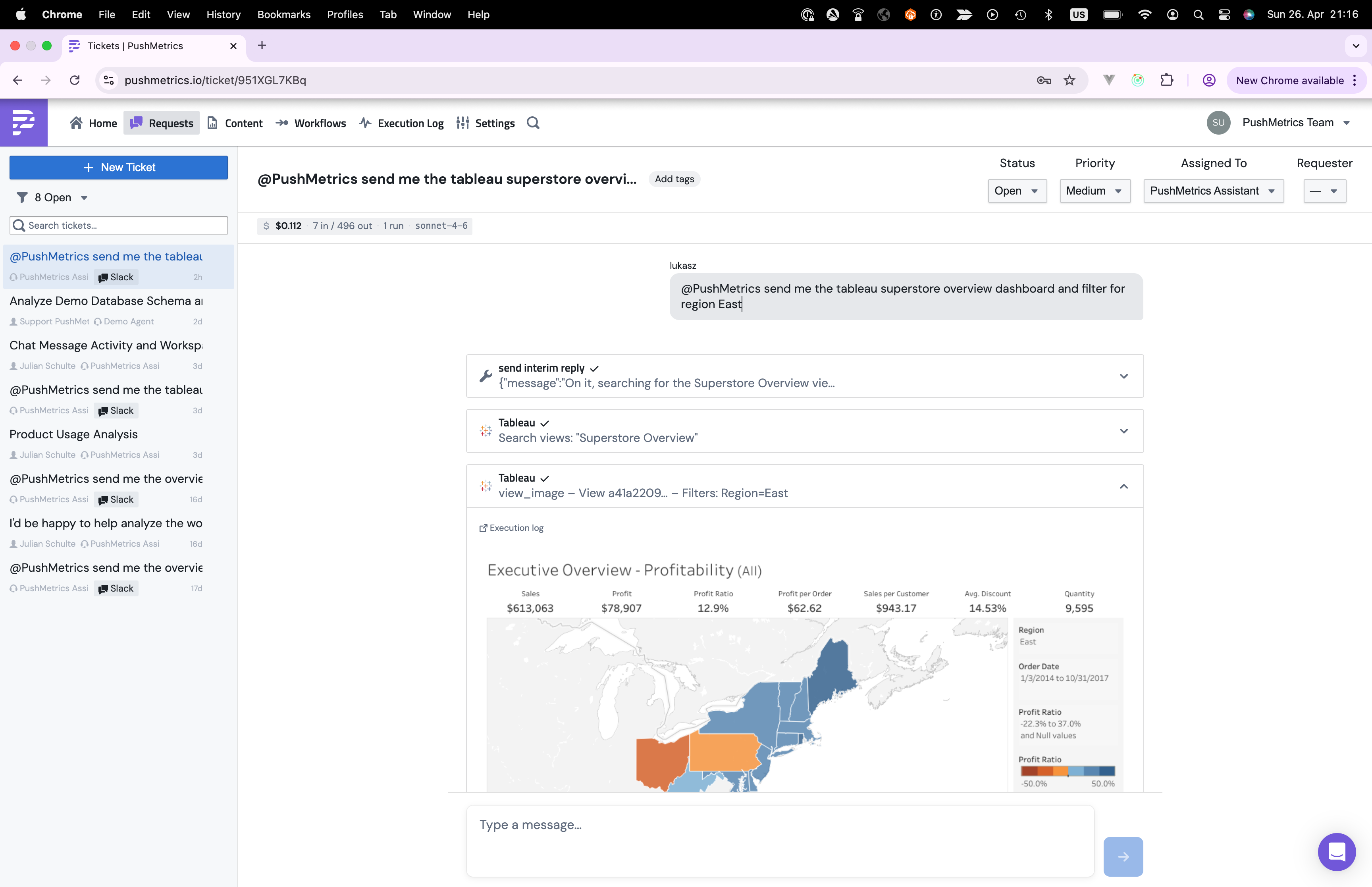 A Slack-originated conversation opened on the Requests page in PushMetrics, showing the original Slack message and the agent's full work