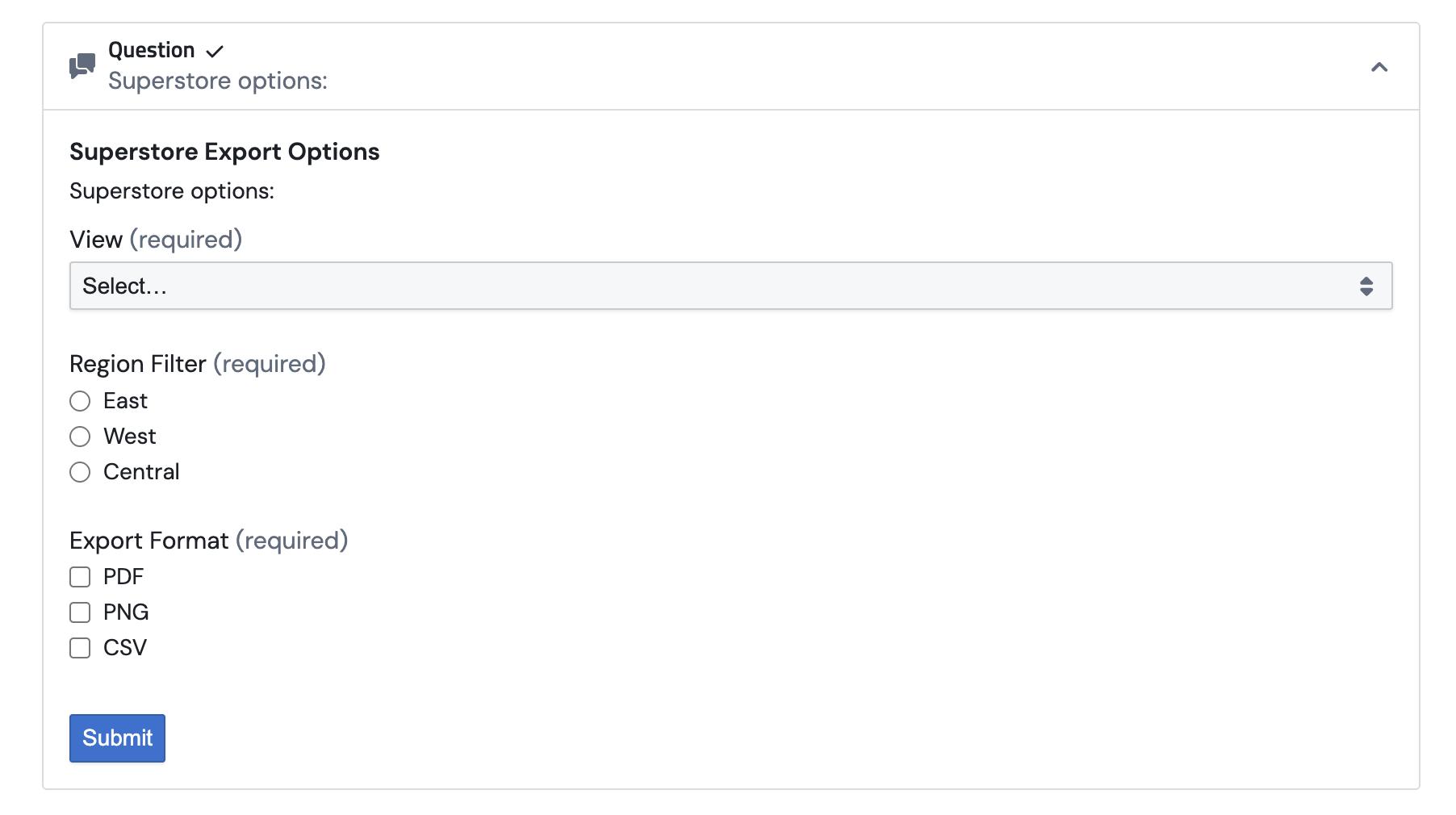 The Tableau form rendered in the PushMetrics web chat, showing workbook selection and export options