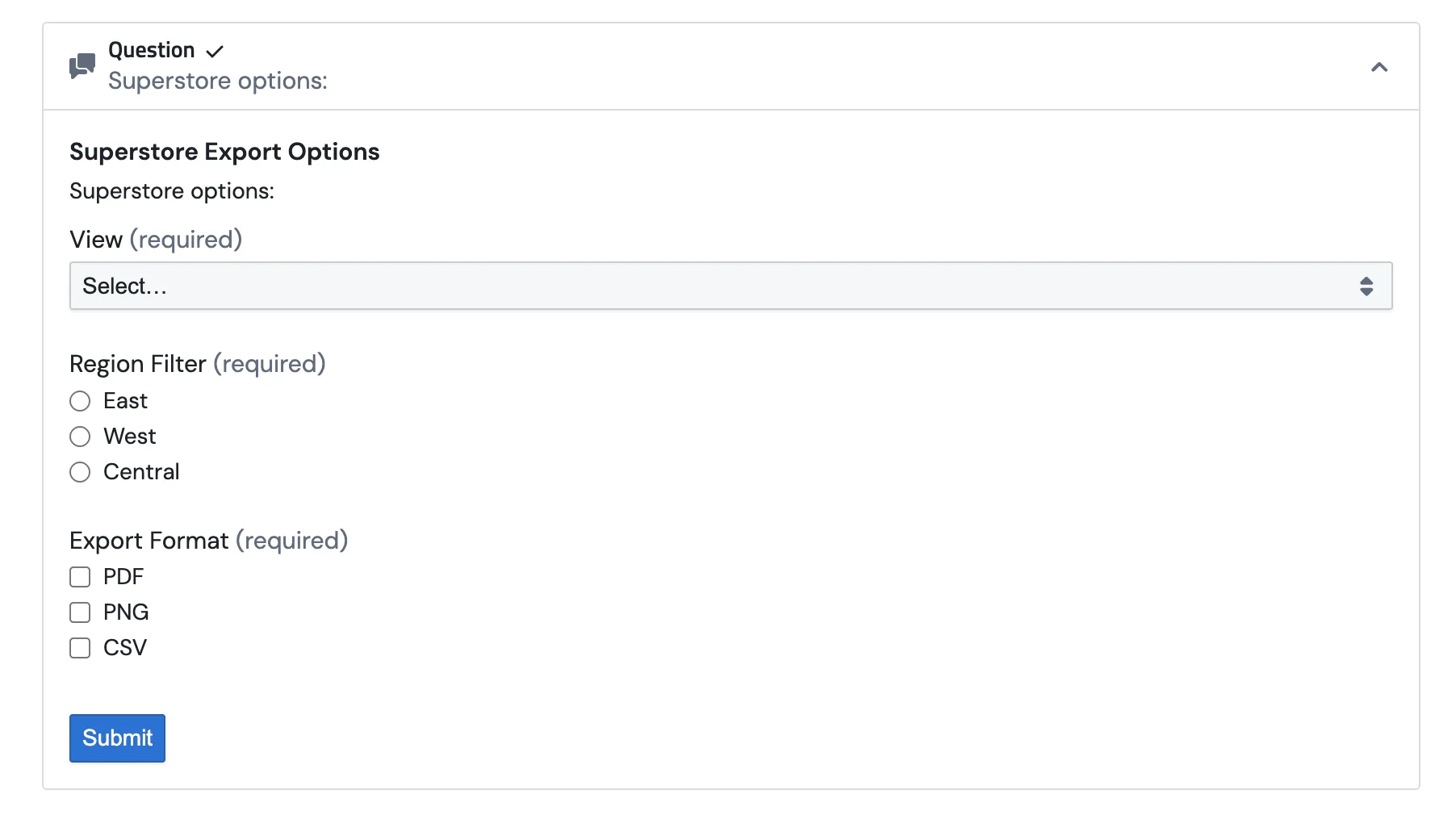 The Tableau form rendered in the PushMetrics web chat, showing workbook selection and export options