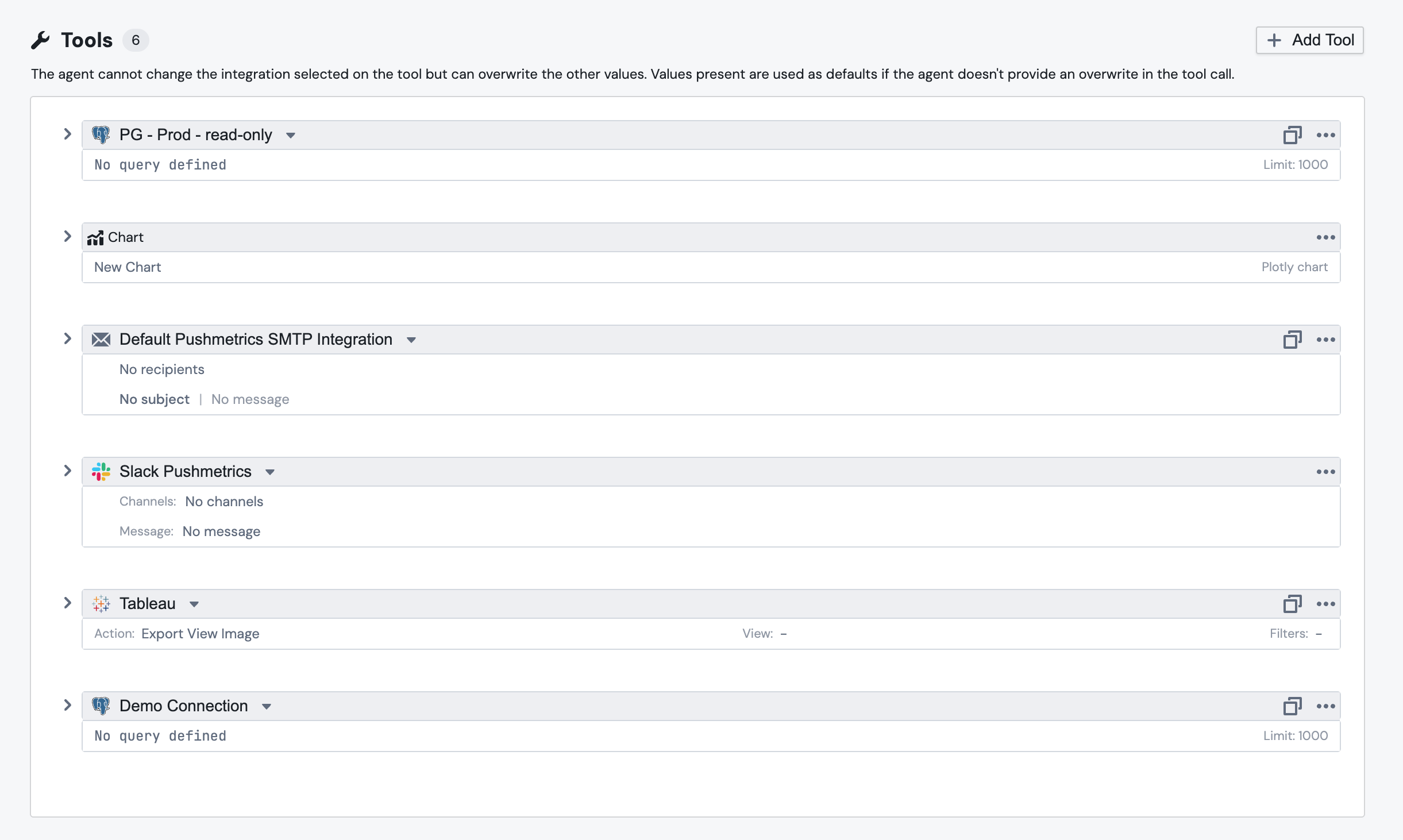 The Tools section on the agent edit page, showing attached SQL, email, chart, Tableau, and Slack tools with their integration headers and configuration summaries