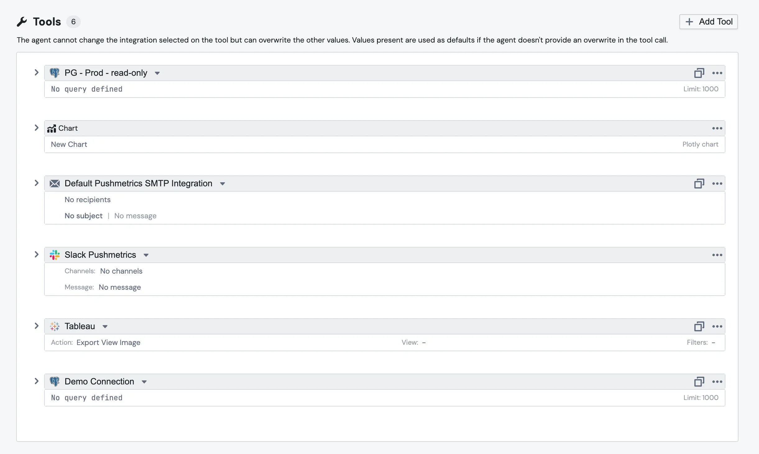 The Tools section on the agent edit page, showing attached SQL, email, chart, Tableau, and Slack tools with their integration headers and configuration summaries