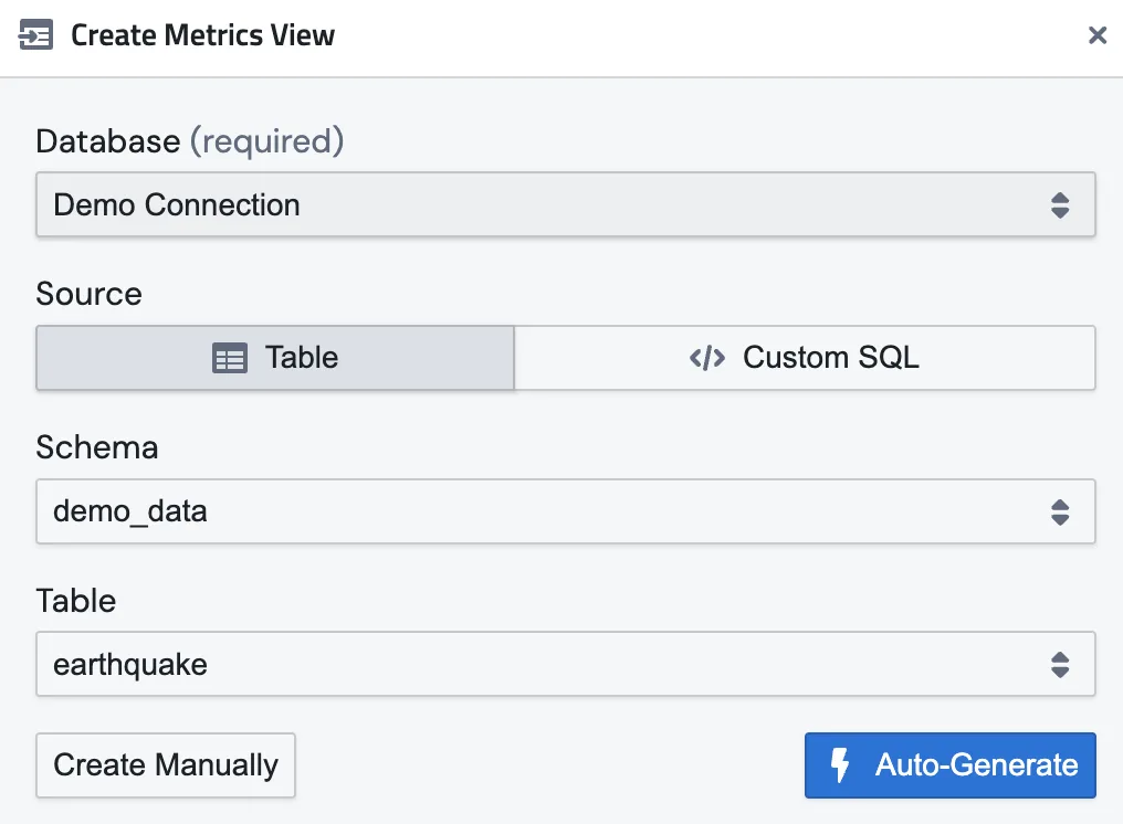The Create Metrics View dialog with fields for Database, Source (Table or Custom SQL), Schema, and Table, plus Create Manually and Auto-Generate buttons