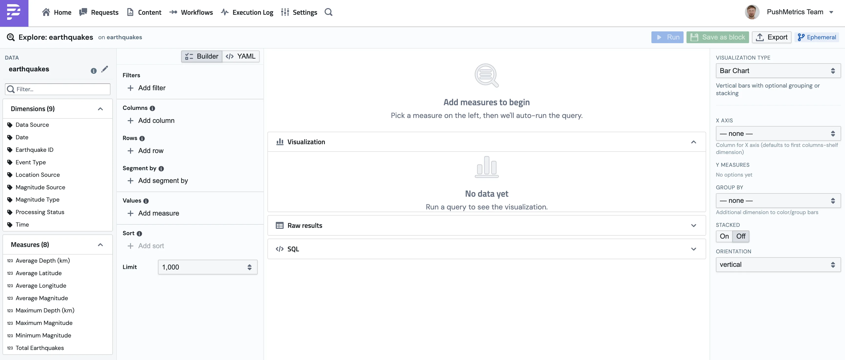 The Explore query builder in PushMetrics with the data panel on the left, the chart in the middle, and the visualization settings on the right