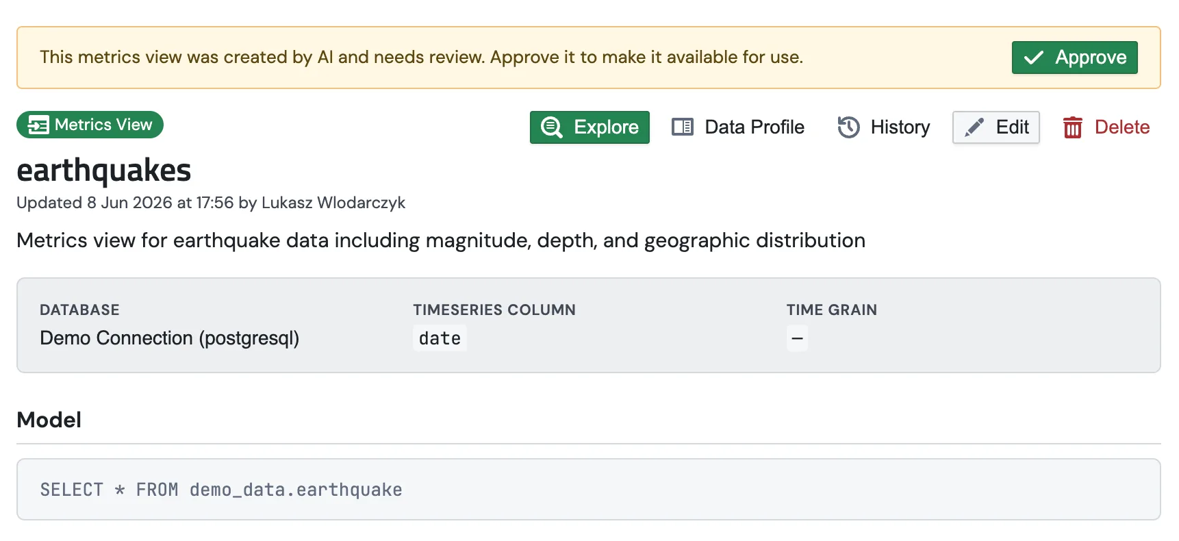 A Metric Block detail page with a yellow banner saying the metrics view was created by AI and needs review, and a green Approve button