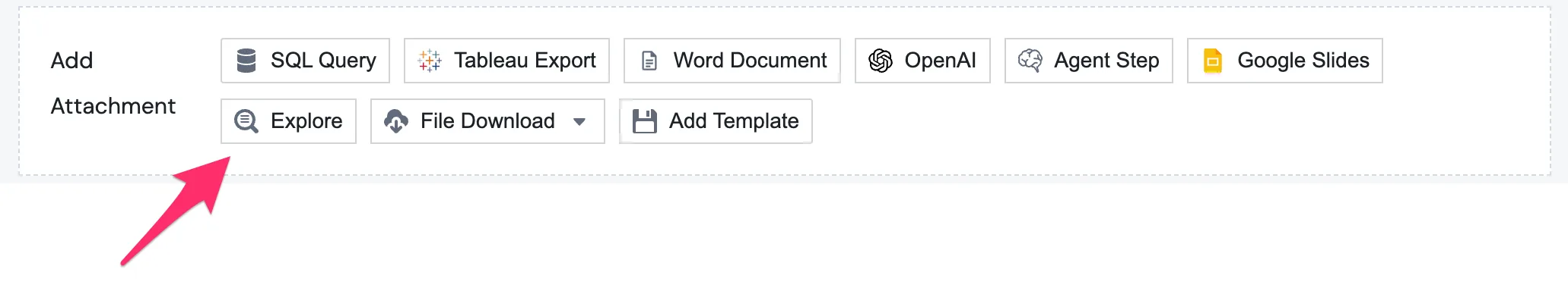 The Add Attachment row in a report, with the Explore option highlighted alongside SQL Query, Tableau Export, Word Document, OpenAI, Agent Step, Google Slides, and File Download
