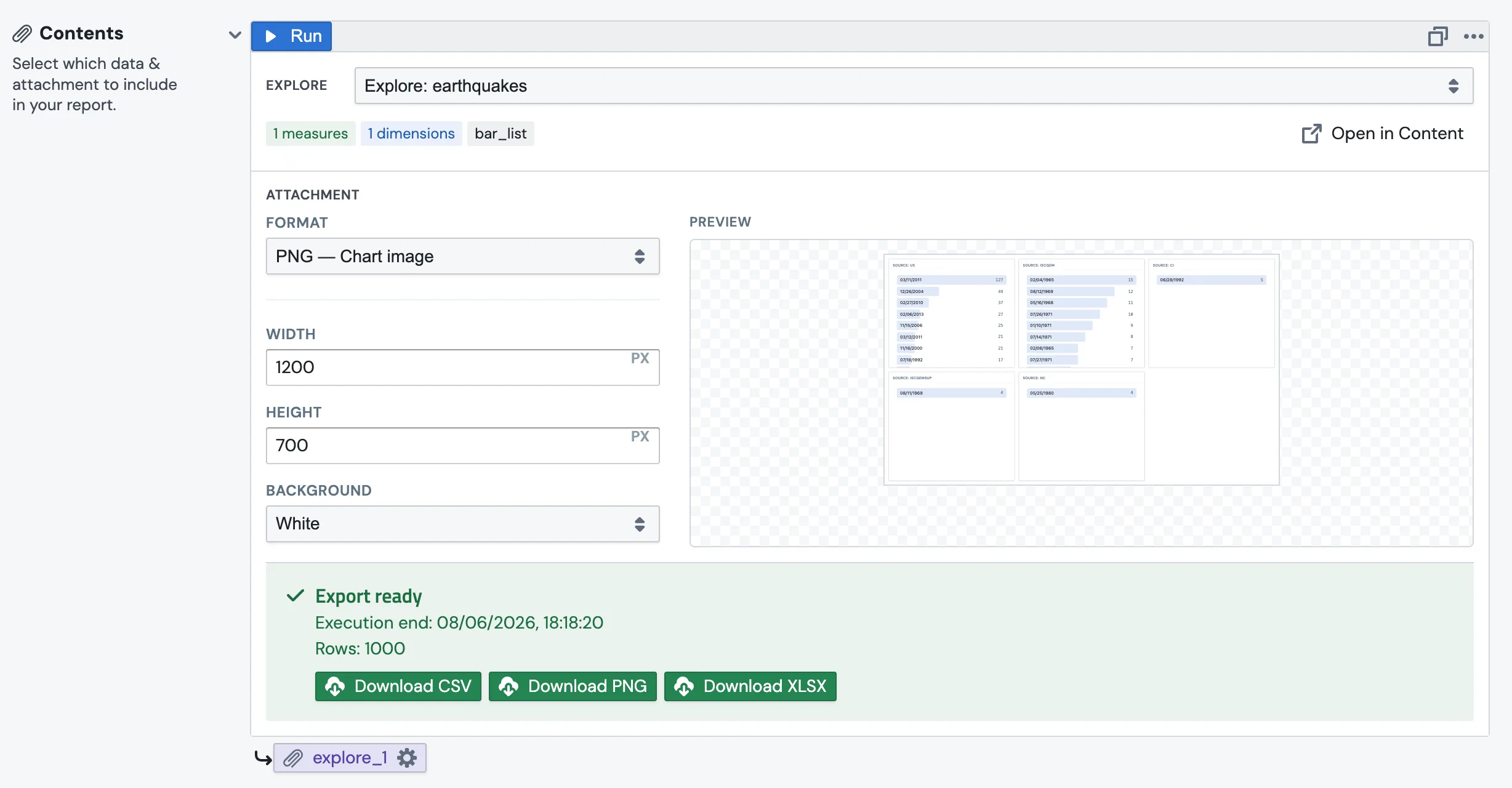 A report's Contents panel with an Explore attachment selected, showing the PNG chart image format, width and height fields, and a chart preview