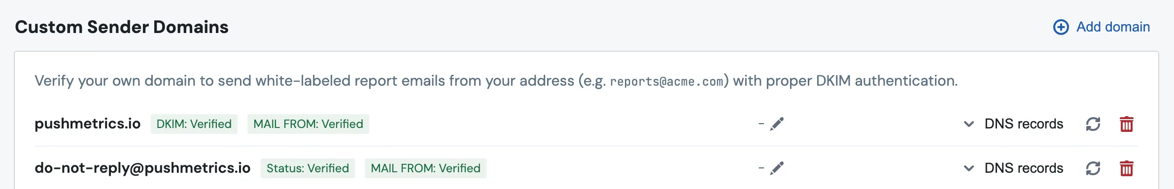 The Custom Sender Domains card in Account Settings, showing a verified domain identity and a verified single-email identity, each with green DKIM and MAIL FROM status tags