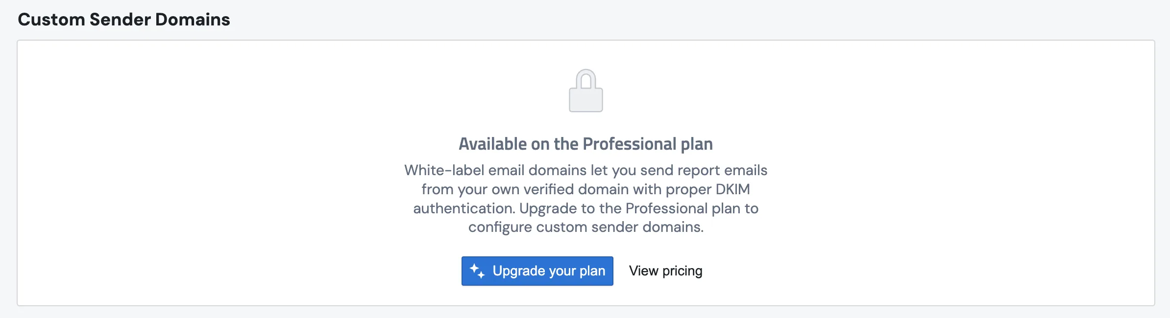 The locked Custom Sender Domains card shown on non-Professional plans, with a lock icon, an Available on the Professional plan message, and Upgrade your plan and View pricing buttons