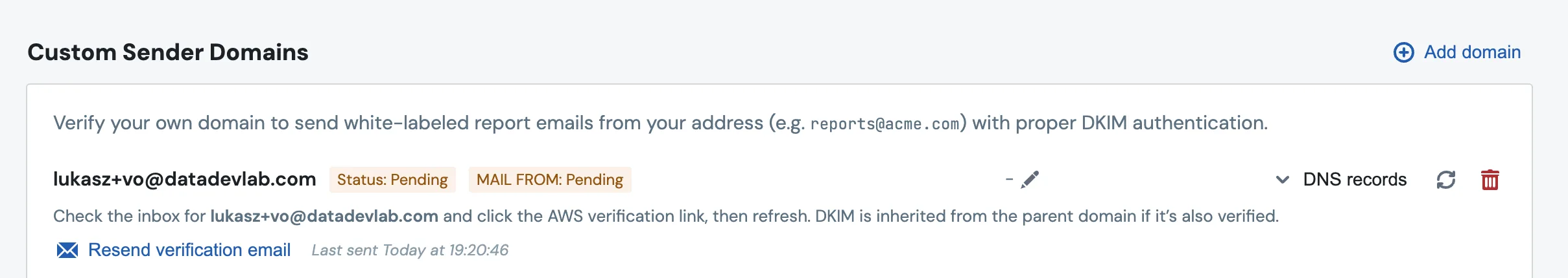 A pending single email-address sender row with a Resend verification email button and a Last sent timestamp showing when the verification email was most recently sent
