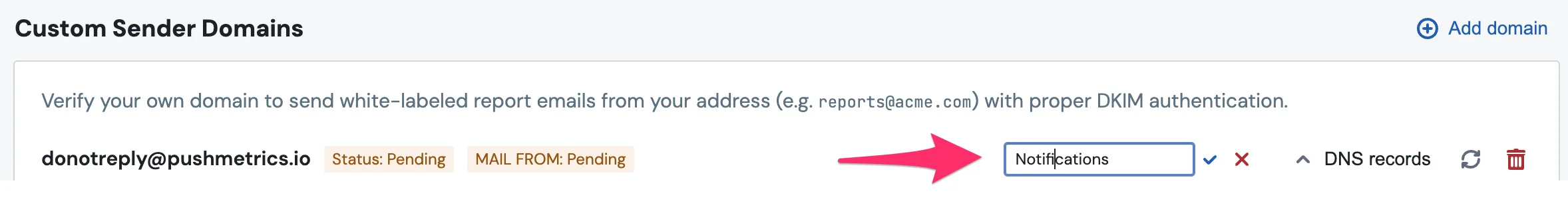 Editing the inline Sender name field on a sender row, with a friendly display name being typed in and confirm and cancel controls