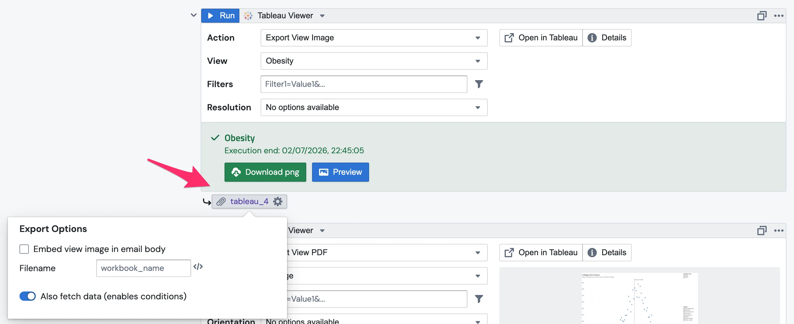 The Tableau task's Export Options popover with the Also fetch data (enables conditions) toggle turned on