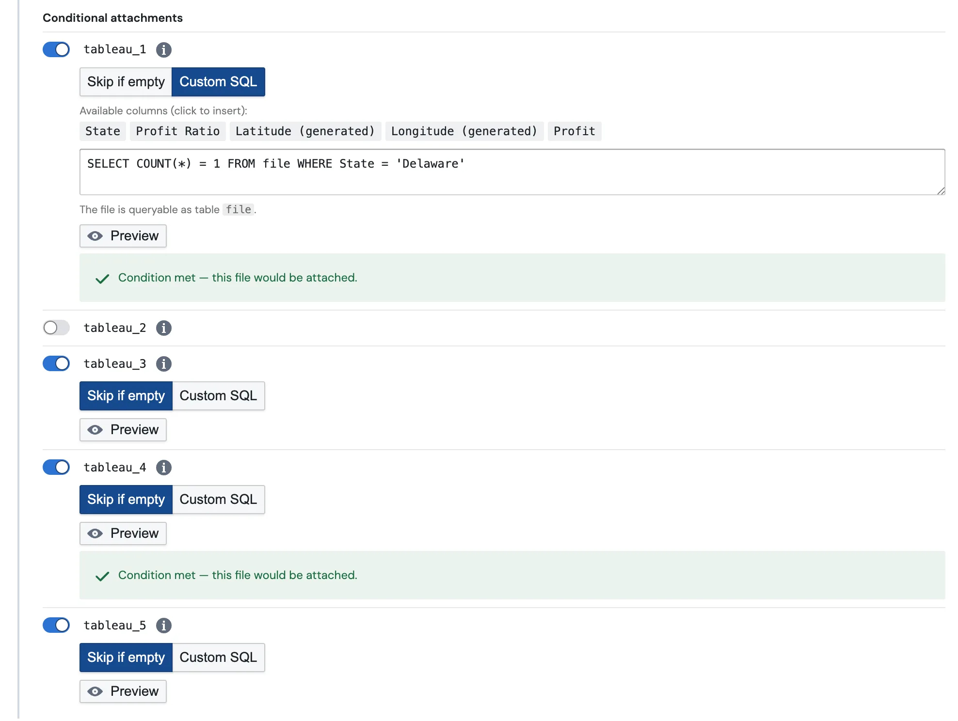 The Conditional attachments section in the Email task's Advanced Options, listing each attached file with its own toggle