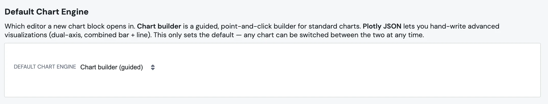 The Default Chart Engine setting in Account Settings with a dropdown offering Chart builder (guided) and Plotly JSON (advanced)