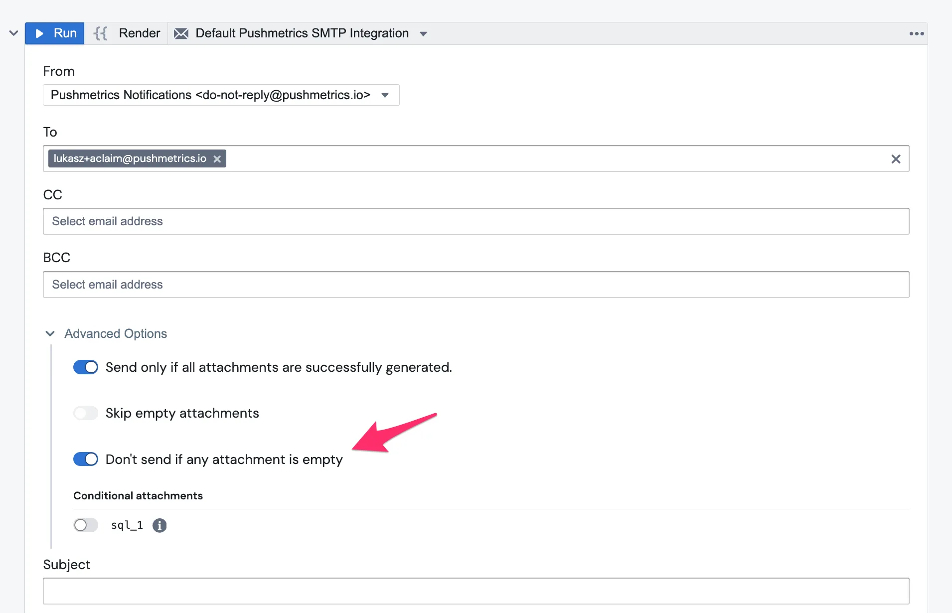 The 'Don't send if any attachment is empty' toggle in the Email task's Advanced Options