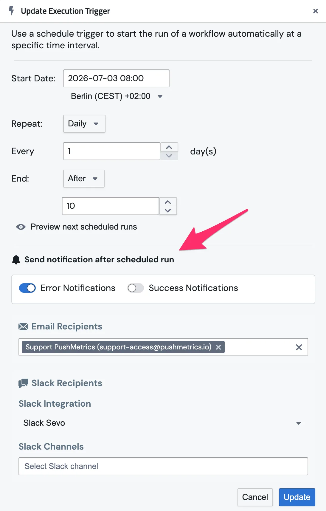 Error and success notifications on a report schedule
