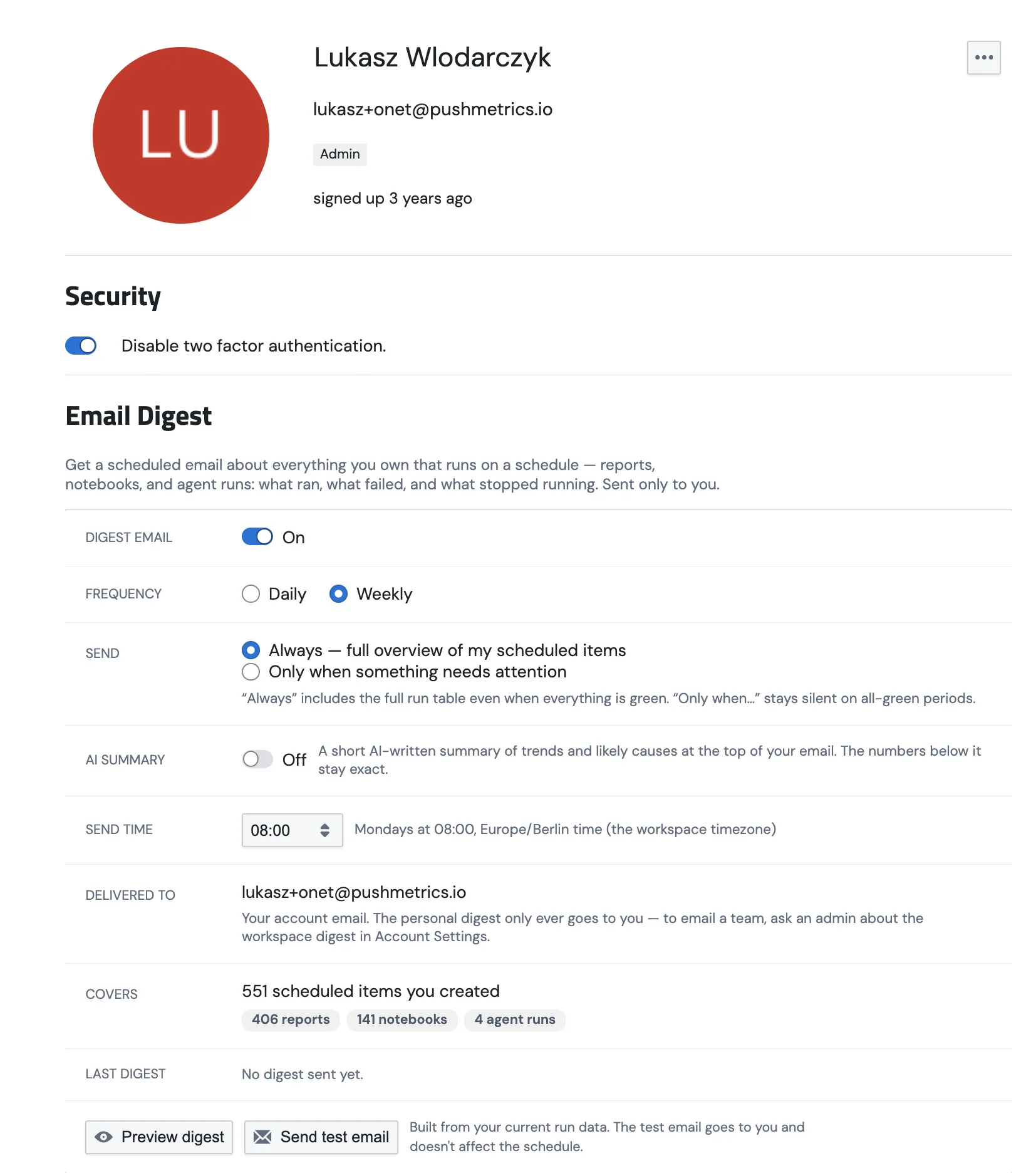 The Email Digest section on your profile page