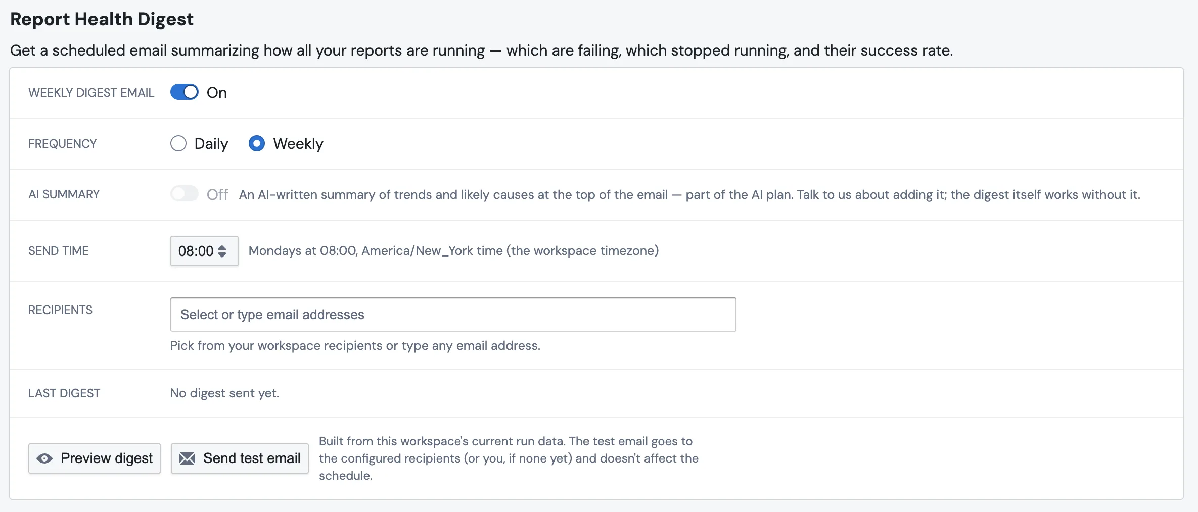 The Report Health Digest card in Account Settings