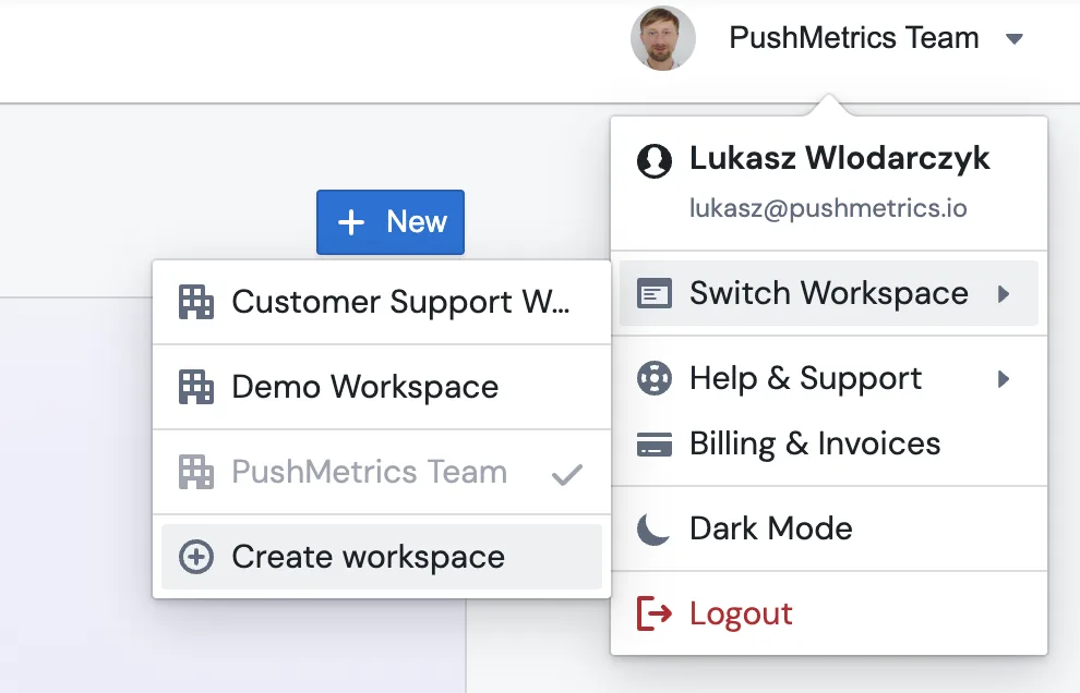 The profile menu open with the Switch Workspace submenu expanded, listing the user's workspaces with a Create workspace option at the bottom