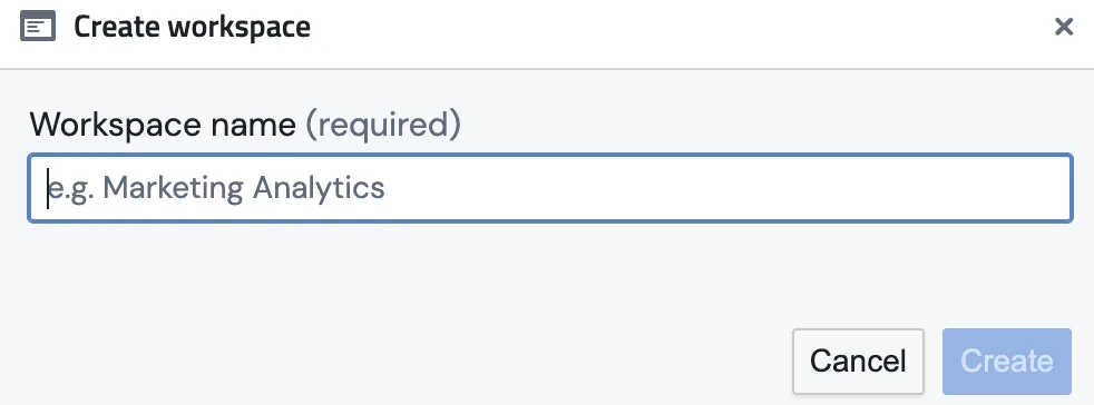The Create workspace dialog with a required Workspace name field showing the placeholder e.g. Marketing Analytics, and Cancel and Create buttons