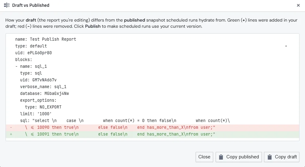 The View Draft vs Published diff modal