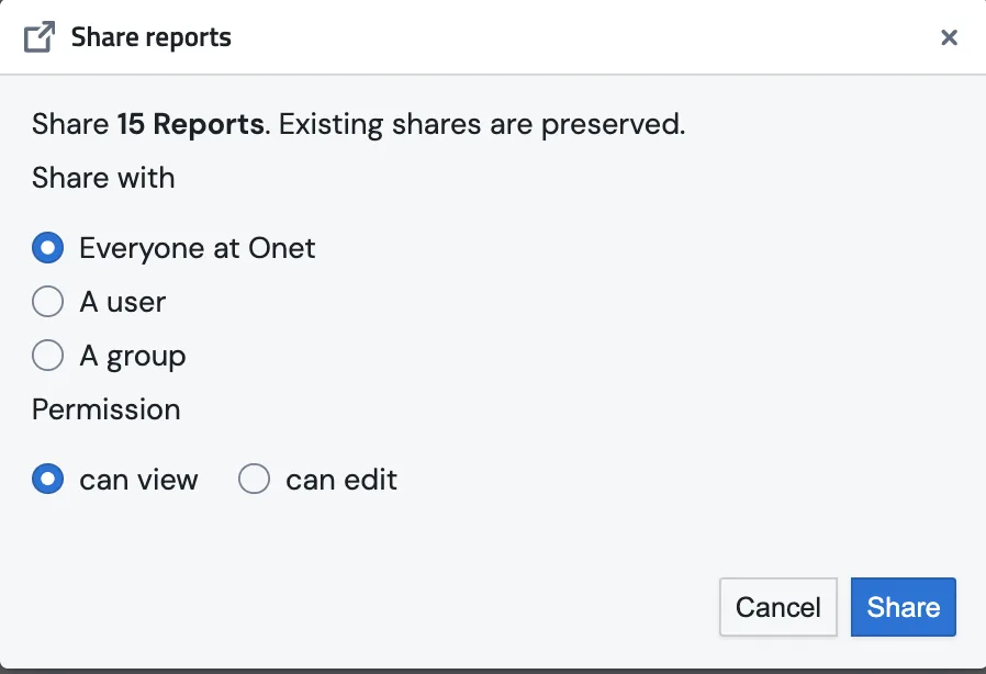 The Share reports dialog: "Share 15 Reports. Existing shares are preserved.", the Share with options Everyone at Onet, A user and A group, and the Permission choice of can view or can edit