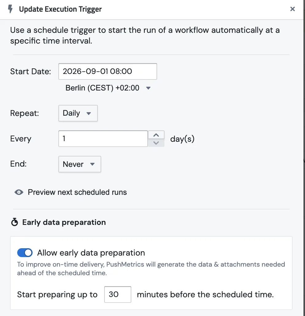 The Update Execution Trigger dialog with the Early data preparation section: the "Allow early data preparation" toggle switched on and "Start preparing up to 30 minutes before the scheduled time."