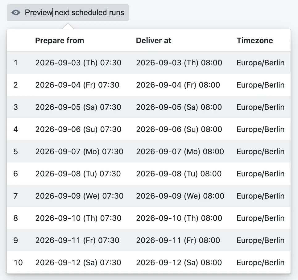 Preview next scheduled runs: a table with Prepare from 07:30 and Deliver at 08:00 for each of the next ten days