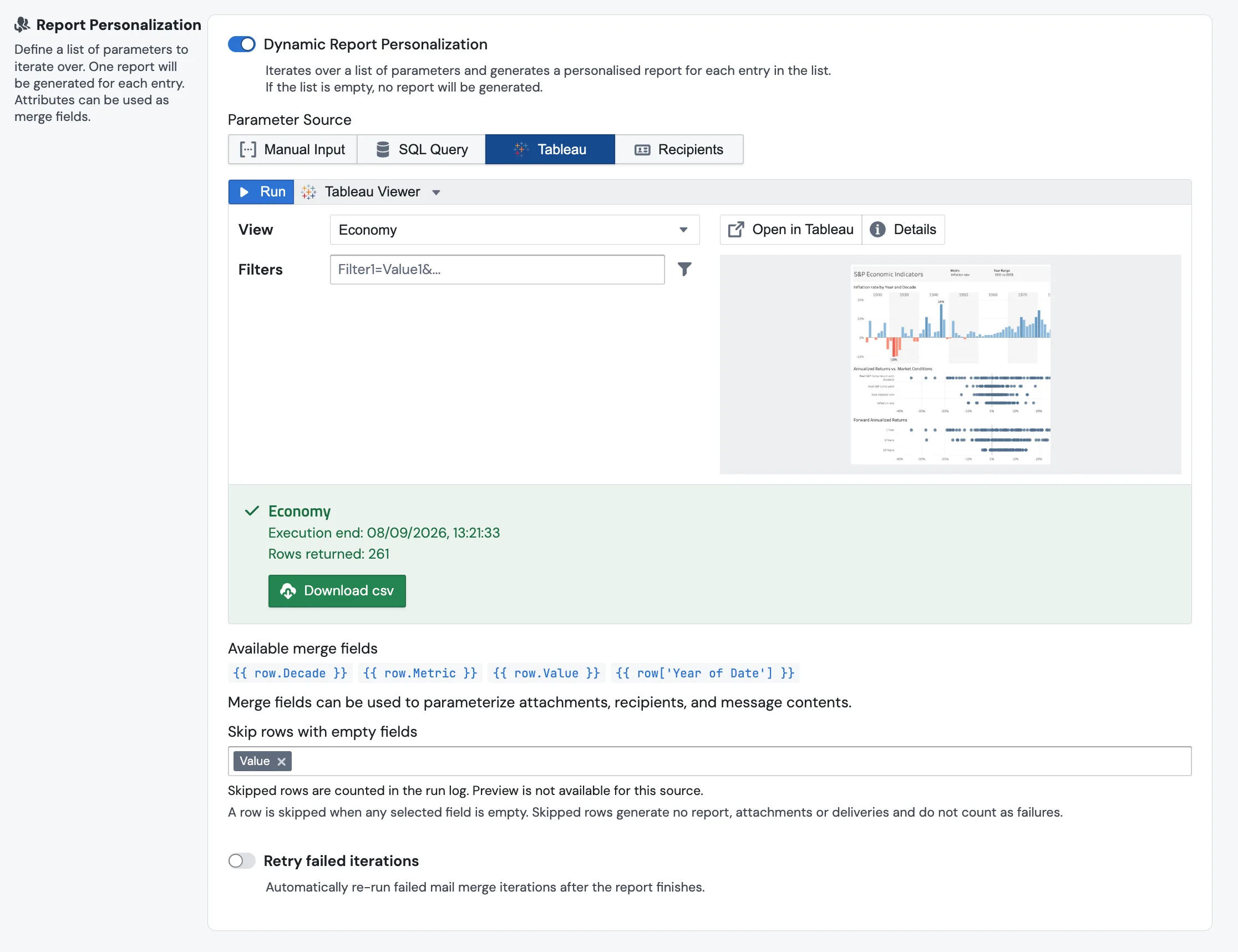 The Report Personalization card: Dynamic Report Personalization on, a Tableau parameter source that has been run, the Available merge fields chips, a "Skip rows with empty fields" field with Value selected, and the Retry failed iterations switch