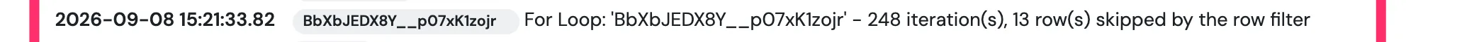 The Logs tab of a run, with the loop line highlighted: For Loop: '…' - 248 iteration(s), 13 row(s) skipped by the row filter